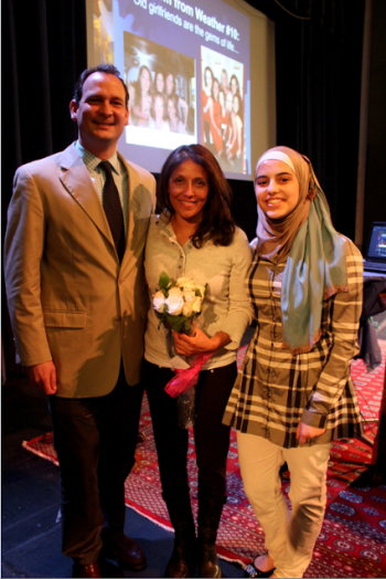 Speaker Mish Michaels (center) joined Dana Hall Assistant Head of School Rob Mather and Dana Hall student Raya Husami, who introduced Michaels.