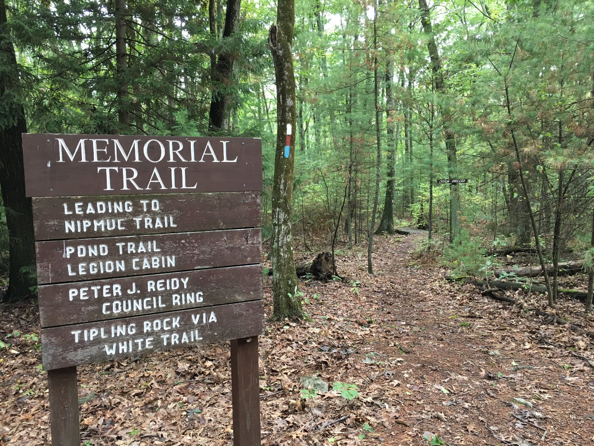 Take the Memorial Trail up to Tipling Rock. Follow the white blazes.