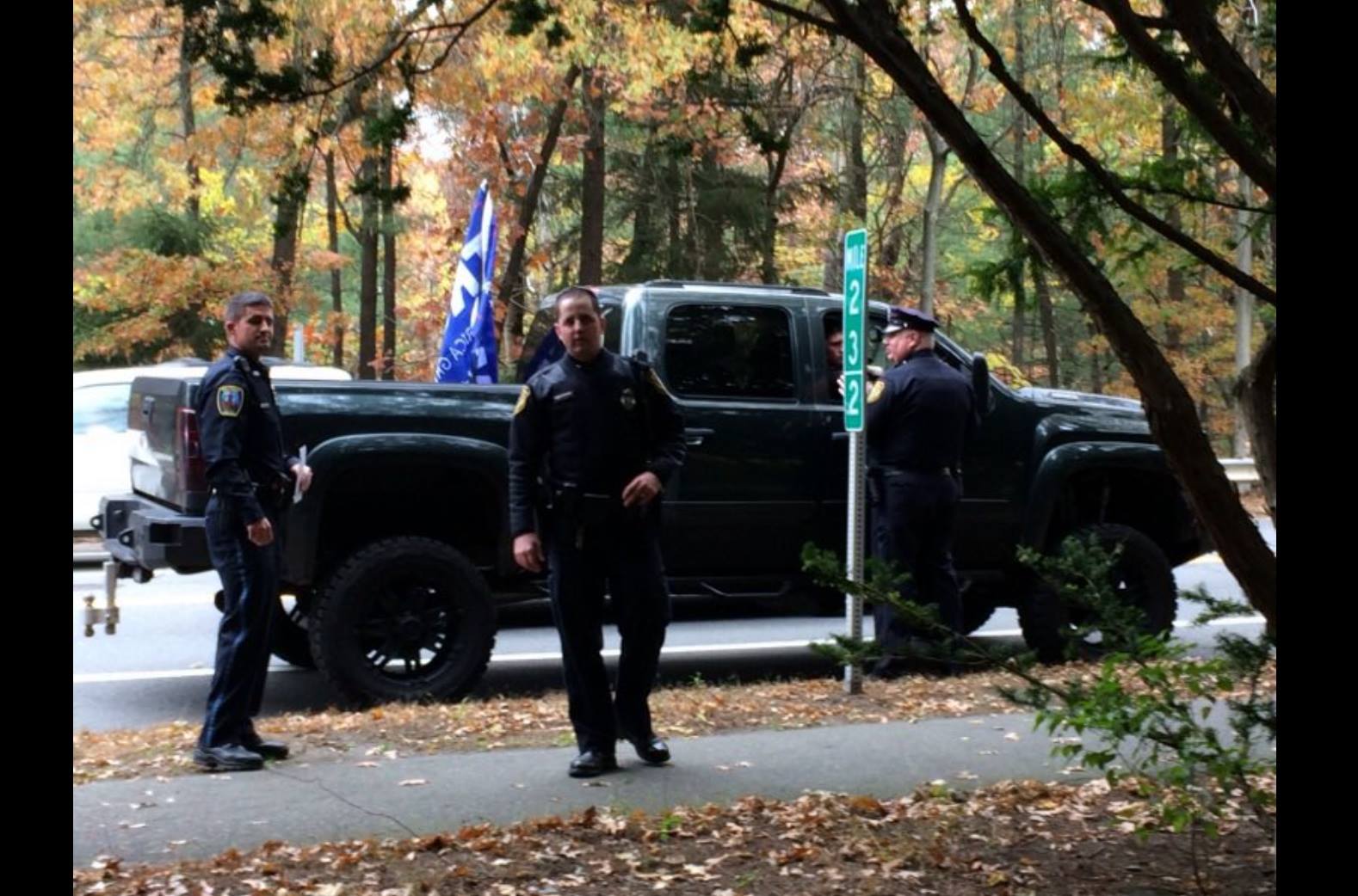 Town of Wellesley police next to the pickup truck driven through Wellesley College by two Babson students.