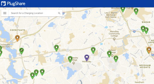PlugShare charger sites in Wellesley