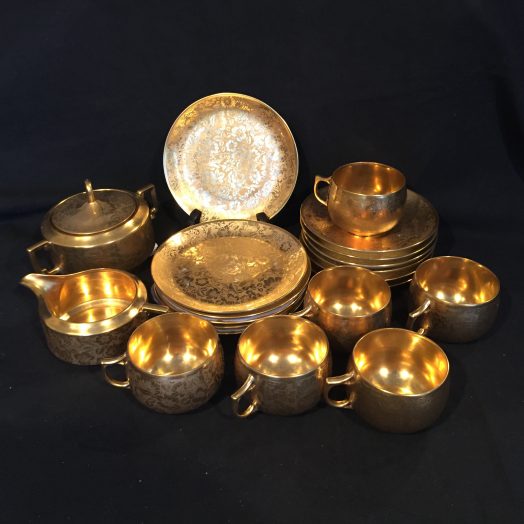 floral-etched gold-plated tea set